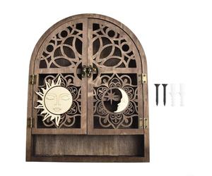 Glewi Unique Sun and Moon Wood Shelf for Crystals Display,Gothic Witchy Decor Stand with Opening Door, 28x22x3cm Storage Rack for Stones