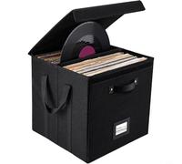 Glewi Vinyl Record Storage Box 13 Inch, Stackable LP Album Organizer Case for 120 Records, Black Linen Fabric Cube