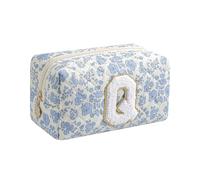 Gleyemor Personalized Initial Makeup Bag for Women, Cute Quilted Blue Floral Cotton Cosmetic Bag, Christmas Gifts for Her Mom Friend Sister Bridesmaid Teacher Women, Blue Floral, Q