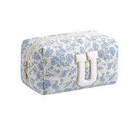 Gleyemor Personalized Initial Makeup Bag for Women, Cute Quilted Blue Floral Cotton Cosmetic Bag, Christmas Gifts for Her Mom Friend Sister Bridesmaid Teacher Women, Blue Floral, U