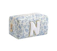 Gleyemor Personalized Initial Makeup Bag for Women, Cute Quilted Blue Floral Cotton Cosmetic Bag, Christmas Gifts for Her Mom Friend Sister Bridesmaid Teacher Women, Blue Floral, N