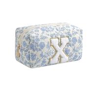 Gleyemor Personalized Initial Makeup Bag for Women, Cute Quilted Blue Floral Cotton Cosmetic Bag, Christmas Gifts for Her Mom Friend Sister Bridesmaid Teacher Women, Blue Floral, X