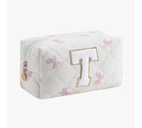 Gleyemor Personalized Initial Makeup Bag for Women, Cute Quilted Floral Cotton Cosmetic Bag, Christmas Gifts for Her Mom Friend Sister Bridesmaid Teacher Women, Pink Floral