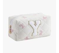 Gleyemor Personalized Initial Makeup Bag for Women, Cute Quilted Floral Cotton Cosmetic Bag, Christmas Gifts for Her Mom Friend Sister Bridesmaid Teacher Women, Pink Floral, Y