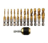 GLFLOW 12 Pcs Metric Tap Set Hex Shank Quick Change Adapter Spiral Groove Coated Drill Bit for M3-M10 Gold Black 1/4 Inch For Cordless Drill Power Tools Workshop