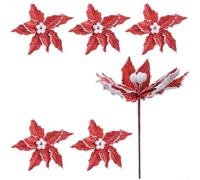 GLFLOW Christmas Decorative Flowers Set Of 6 Plush Tree Inserts With Rod For Holiday Home Decor In White Red Blue Yellow(Red)