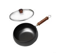 GLFLOW Uncoated Thick Iron Pot,Hand Forged Iron Wok Deep Frying Pan,Traditional Uncoated Metal Big Belly Cooking Pot(24cm pot+glass lid)