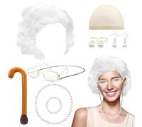 GLGHMH 10pcs Old Lady Costume Set, Grandma Wig Cap Including Glasses Pearl Earring Bracelet Necklace Inflatable Walking Stick, Grandmother Fancy Dress Costume for Christmas Halloween World Book Day