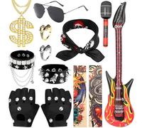 GLGHMH 13 PCS Rock Star Fancy Dress Set 80s Rock Costume with Inflatable Guitar,Microphone,Tattoo Sleeves,Sunglasses,Bandana Punk Accessories for 80s Party,Halloween Rock Theme Events