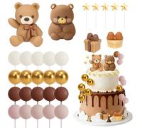 GLGHMH 29PCS Bear Cake Decoration Set with Beige Brown Balls, Teddy Bear Cake Topper and Stars, Boho Neutral Aesthetic Cake Decorations for Birthday, Gender Reveal and Family Celebration