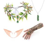 GLGHMH 4PCS Forest Fairy Ears Costume Accessories, Woodland Fairy Crown Headband Lace Gloves Pixie Elf Ear Viking Necklace, Renaissance Elf Costume for Women Girls Halloween Cosplay Party