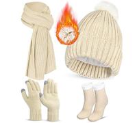 GLGHMH 4PCS Winter Beanie Hat Scarf Gloves Set, Pink Black Grey Beige Warm Long Scarf Beanie Hat Thermal Socks Touch Screen Gloves, Winter Thick Set for Women Skiing Outdoor Sports