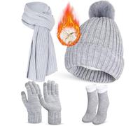 GLGHMH 4PCS Winter Beanie Hat Scarf Gloves Set, Pink Black Grey Beige Warm Long Scarf Beanie Hat Thermal Socks Touch Screen Gloves, Winter Thick Set for Women Skiing Outdoor Sports