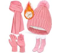 GLGHMH 4PCS Winter Beanie Hat Scarf Gloves Set, Pink Black Grey Beige Warm Long Scarf Beanie Hat Thermal Socks Touch Screen Gloves, Winter Thick Set for Women Skiing Outdoor Sports