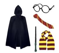 GLGHMH 5pcs Adult Wizard Costume Accessories Set, Wizard Fancy Dress with Hooded Black Cape Wand Scarf Tie Glasses Frame, World Book Day Halloween Cosplay Fancy Outfits for Men and Women (Red, 175cm)