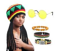GLGHMH 5pcs Rasta Costume Accessories, Rasta Hat with Black Dreadlocks and Yellow Glasses and 3pcs Bracelet, Caribbean Fancy Dress Costume for Parties, Cosplay