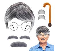 GLGHMH 7 Pcs Old Man Costume Accessories,Grandpa Costume Set including Wig Gray Mustache Eyebrow Inflatable Cane Glasses,Grandfather Fancy Dress For Halloween Cosplay Retro 80s Party