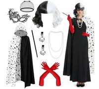 GLGHMH 8 Pcs Cruella Costume Accessories Set, Black White Dalmatian Cape Fancy Dress Outfit with Two Tone Wig, Red Gloves, Pearl Necklace, Eye Mask for Halloween Costume Women World Book Day