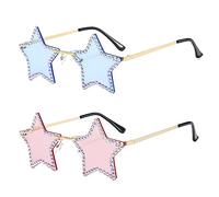 GLGHMH Rhinestone Star Glasses, 2pcs Rimless Star Shaped Funky Bling Diamond Sunglasses, Fashion Sparkling Sunglasses for Summer Beach Party Festival Women Men Teen (Pink+Blue)