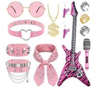 GLGHMH Rock Star Fancy Dress Set 80s Rock Costume with Inflatable Guitar,Microphone,Tattoo Sleeves,Sunglasses,Bandana Punk Accessories for 80s Party,Halloween Rock Theme Events