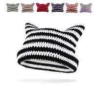 GLGHMH Women's Cat Ear Beanie Hat, Vintage Striped Winter Warm Cap, Elastic Matching Knit Crochet Cat Beanie Hat for Kids Girls Adults (Black-White)