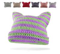 GLGHMH Women's Cat Ear Beanie Hat, Vintage Striped Winter Warm Elastic Cap, Matching Knit Crochet Cat Beanie Hat for Kids Girls Adults (Purple-Green)