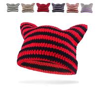 GLGHMH Women's Cat Ear Beanie Hat, Vintage Striped Winter Warm Elastic Cap, Matching Knit Crochet Cat Beanie Hat for Kids Girls Adults(Black-Red)