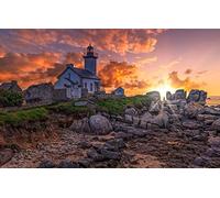 GLHUIOZ Puzzle from Photo Custom Jigsaw Puzzle Unique Birthday Present Suitable for Children Family and Friends Personalized Puzzle-500piece-Wooden Sunset,Bretagne,Pontusval Lighthouse,52x38cm