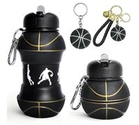 GlibberToy Collapsible Water Bottle & Keychain Set- 550ml Silicone Bottle with 2pcs Basketball Shape Keyring - Foldable Drink Sports Water Bottle Gift for Boys & Girls Sports Fan (Black)