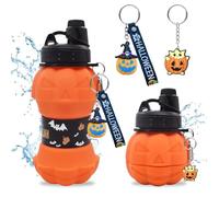 GlibberToy Football drinking bottle for children, silicone water bottle with carabiner hook keyring Keychain 550ml Sport Foldable drinking cup for boys Children (Pumpkin-Orange)