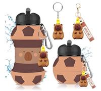 GlibberToy Football drinking bottle for children, silicone water bottle with carabiner hook keyring Keychain 550ml Sport Foldable drinking cup for boys Children (Capybara-3C)