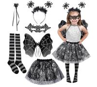 GlibberToy Halloween Black Bat Spider Costume for Children-Halloween Lace Bat Mask, Spider hair clip, Wand, Butterfly Wings, Black Spider Web skirt, and Over-the-Knee Socks,Carnival Costume