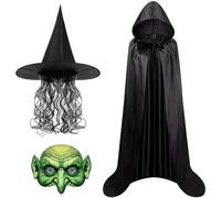 GlibberToy Witch Costume Set with Hooded Cape Hat with Grey Hair & Scream Mask Haunted House Accessories for Halloween, Cosplay & Fright Nights (One Size Fits Most Adults)