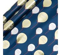 Glick 2 Pack Gold Balloons Happy Birthday Wrapping Paper, for Birthdays for Him, 2 Recyclable Rolls (2m x 70cm), Blue, Eco-Friendly