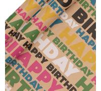 Glick 2 Pack Happy Birthday Kraft Wrapping Paper, for Birthdays for Him, 2 Recyclable Rolls (3m x 70cm), Kraft, Eco-Friendly