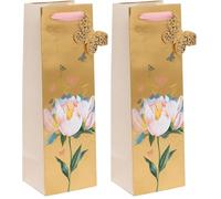 Glick Bottle Gift Bag, Golden Waterlily, 110 x 340 x 100 mm, Luxury Recyclable Bottle Bag for Birthdays & Celebrations (Pack of 2)