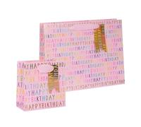 Glick - Happy Birthday Pink Bundle for Her - Pack 2 Gift Bags - Large Landscape (35.5 x 27.5 x 10 cms) and Tiny Gift Bag (14 x 14 x 6 cms), Happy Birthday Design, Pink