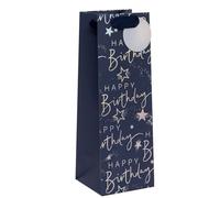 Glick Large Bottle Gift Bag, Happy Birthday Script, 125 x 360 x 120 mm, Luxury Recyclable Bottle Bag for Birthdays, Blue