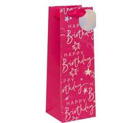 Glick Large Bottle Gift Bag, Happy Birthday Script, 125 x 360 x 120 mm, Luxury Recyclable Bottle Bag for Birthdays, Pink
