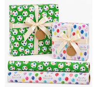 Glick - Luxury Boys Birthday Bundle - 2 Rolls Wrapping Paper, Football & Balloons Design, ea Roll 2 metres x 70 cms, Multi-Coloured