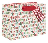 Glick Luxury Christmas Bag Landscape Medium "Merry Christmas" Script Gift Bag for Xmas Wrapping. Measures 22.5 x 17.5 x 10cms, Red, Green, Gold & White