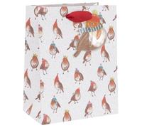 Glick Luxury Christmas Bag, Medium Xmas Bag, Cosy Robins on White, Measures 17.5 x 22.5 x 10 cms. Red & White
