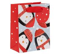 Glick Luxury Gift Bag for Christmas, Little Gift Bag Xmas, Cosy Penguins, Measures 11 x14 x 6 cms, Red & Blue