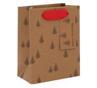 Glick Luxury Gift Bag Tiny Winter Trees Kraft for Christmas Wrapping, Kraft & Red Xmas Bag, measures 11w x 14h x 6d cms