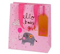 Glick Luxury Medium Elephant Design Gift Bag, Welcome, Hello Baby Girl, 200x225x100mm, Pink