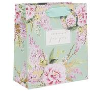 Glick Luxury Medium Gift Bag, Floral Celebrations for Weddings, Birthdays and Other Celebrations, 200w x 225h x 100d mm, Mint Green and Pink