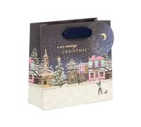 Glick Small Christmas Gift Bag | Nostalgia Lane | For Jewellery & Tiny Gift | 14x14x6 cm | Includes Paper Bag, Ribbon & Tag | Recyclable | Blue & Multicoloured | For Xmas Presents & Party Favours