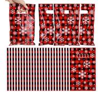 GliCraft 100 Pcs Christmas Snowflake Gift Bags with Handle Red Black Buffalo Plaid Plastic Tote Bag Bulk for Xmas Winter Party Packaging Goody Snack Holiday Wrapping Wedding Birthday Decors Favors