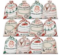GliCraft 12 Pcs Christmas Burlap Gift Bags with Drawstring Small North Pole Santa Sack Christmas Treat Candy Bags [place to Write Wishes] for Xmas Holiday New Year Party Favors Supplies (9.8 x 11.8'')