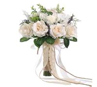GLIDLION Wedding Bouquets Large for Bride Bridesmaid,White Champagne Artificial Roses Flowers for Wedding Church Decoration (9.5in)